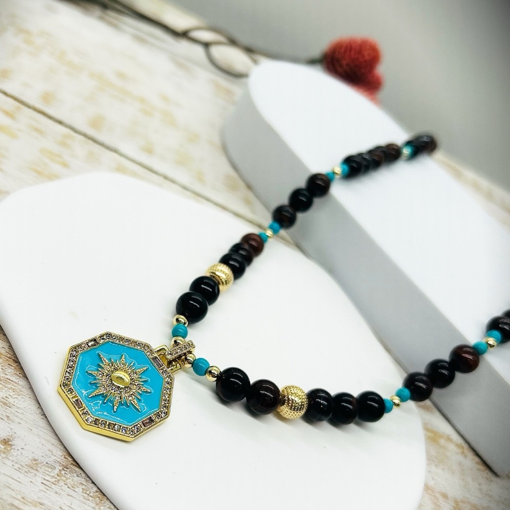 Handmade turquoise and brown necklace , all gold filled beads no tarnish